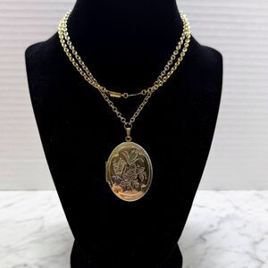 Vintage 1928 Jewelry Company Gold-Tone Etched Floral Oval Locket Necklace